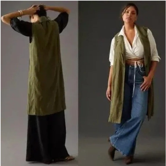 Anthropologie‎ Sleeveless Long Line Duster Vest Pockets Linen Green XXSP Petite - Picture 3 of 11